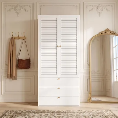 Image de Armoire de 90x50x200 cm, avec 2 portes à lamelles, 1 barre de suspension, 3 tiroirs, design moderne, Image générée par une IA