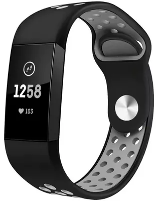 Produktbild von CHPN - Silikonarmband passend für Fitbit Charge 3 und 4 - Groß - Schwarz/Grau - Sportarmband für Fitbit - Fitbit-Armband mit Löchern - Sportliches Fitbit-Armband