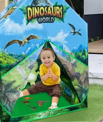 A young child is playing inside a dinosaur-themed play tent in a grassy outdoor area.