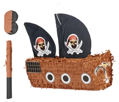 Piñata Piratenschiff, 35x44x15 cm, mit Stock und Augenbinde
