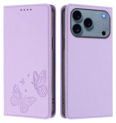 Image de Étui en cuir pour iPhone 18 Pro, avec motif papillon, type portefeuille rabattable avec support. Couleur : violet clair