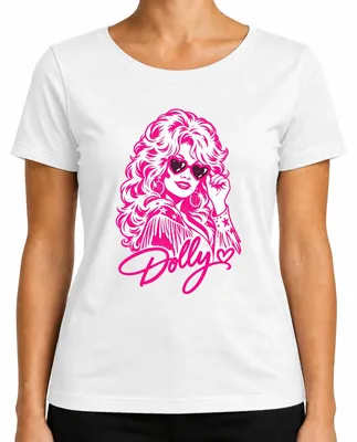 Immagine prodotto di Maglietta da donna, taglia XL, colore bianco, con motivo retrò western, raffigurante Dolly Parton, cantante di musica country, in stile cowgirl, con colori rosa