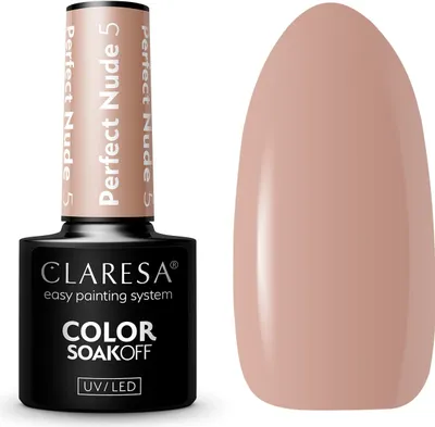 A bottle of CLARESA Hybrid-Nagellack PERFECT NUDE 5 and a swatch of the nail polish color.