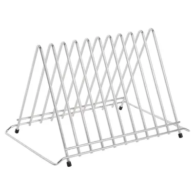 A silver metal rack for holding cutting boards.