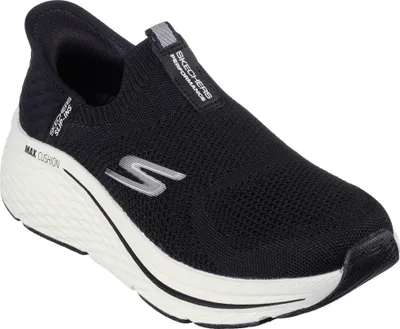 A black Skechers slip-on shoe with a white sole, shown from a side angle on a white background.