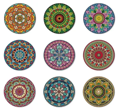 Productafbeelding van Mandala-motief onderzetters - 9 stuks - Rond, van hout - Voor thuisgebruik