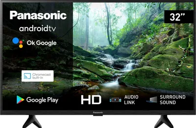 A Panasonic Android TV displaying a nature scene with various feature icons and text overlays.