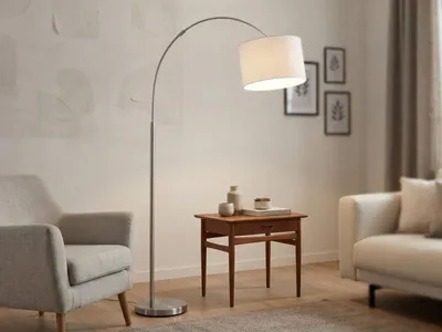 Produktbild von Trio Leuchten - Moderne Bogenleuchte I Bogenlampe I Lampe I Leuchte Stahl I Silber I nickel matt mit weißem Lampenschirm - Hotel I Wohnzimmer I Schlafzimmer - Metall Andere - LED geeignet E27