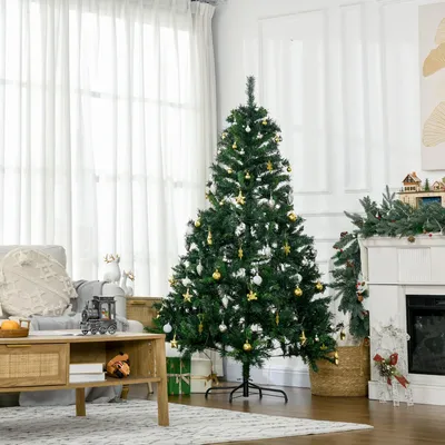 Produktbild von Künstlicher Weihnachtsbaum 180 cm, Christbaum mit LED Beleuchtung, Tannenbaum mit Kugeln, Grün | 745 Spitzen | 200 LEDs warmweiß | Metallständer