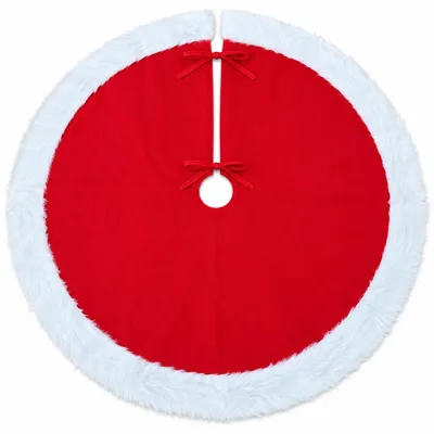 Productafbeelding van Benza – Kerstboomrok Rond – Ø 90 cm – Rood met Witte Bontrand – Met Striksluiting – Kerstboomkleed