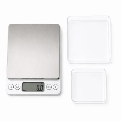 Produktbild von DERICO Digitale Küchenwaage bis 2 kg – Feinwaage mit Edelstahl-Plattform & 2 transparenten Schalen, KI-generiertes Bild