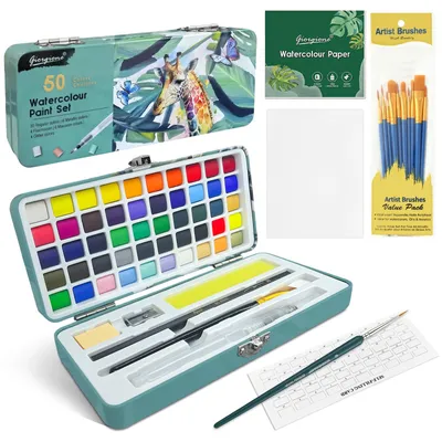 Produktbild von Aquarellfarben Set - 50 Farben mit Palette, Aquarellpapier, Pinseln und Zubehör - Tragbare Box für Künstler
