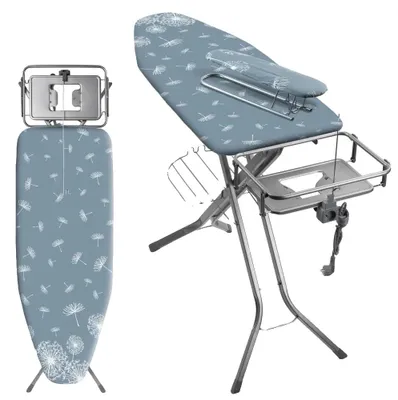 Produktbild von Bügelbrett, höhenverstellbar 80-100 cm, Abmessungen 130x48 cm, integrierte Steckdose 250 V, 100% Baumwollbezug, rutschfeste Metallbeine