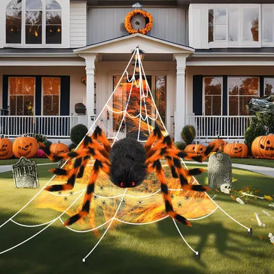Produktbild von 【Halloween Spinnennetz Outdoor set enthält】: 1x 1.5m Orange und Schwarz spinne halloween deko, 1x 5m riesen Spinnennetz Halloween Deko, 30x mini Plastik-Fake-Spinne, 5 x Erdungsstecker, 60g halloween spinnenweben deko (Abdeckung 300 m²) für halloween deko garten gruselig, geben Sie Ihren Nachbarn und Freunden einige Überraschungen!【Halloween Deko Outdoor Gruselige Atmosphäre im Freien】: Verleihen Sie Ihrem Außenbereich mit unseren hochwertigen Spinnennetz Halloween Dekoration das perfekte Gruselambiente. Ro