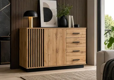 Produktbild von Kommode LAMERO LA6 Sideboard, Mehrzweckschrank (Eiche Wotan + Schwarz)