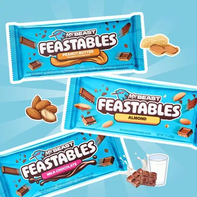 Produktbild von 3x Feastables MrBeast Schokolade – Peanut Butter, Milch Schokolade & Almond | 3x60 g +Heartforcards Versandschutz