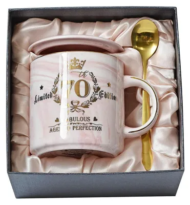 Immagine prodotto di Tazza da caffè per il 70° compleanno, rosa e oro, 400 ml, in Vetroceramica, confezione regalo
