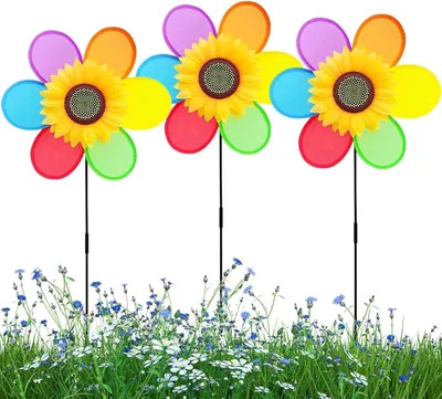 Produktbild von Windspinner für den Außenbereich im 3er-Set mit Sonnenblumen-Windmühlen | Rostbeständige Windspiele als Gartenstäbe für Terrasse, Balkon und Rasen