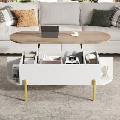 Obrázok produktu pre Konferenčný stolík s nastaviteľnou výškou – 131 x 59 cm – obývačkový stolík so 7 úložnými priestormi