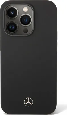 A black iPhone case with a silver Mercedes-Benz logo.