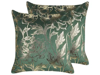 Obrázek produktu pro BELIANI Sada 2 dekorativních polštářů zelené sametové 45 x 45 cm zlatý potisk květů elegantní design