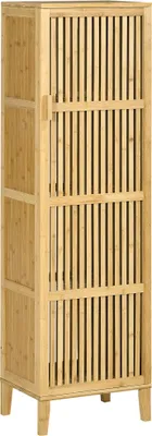 Image de HOMCOM Meuble de rangement en bambou armoire de rangement avec 4 niveaux et porte design à lamelles pour salle de bain chambre salon 40 x 30 x 140 cm