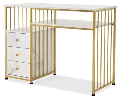 Produktbild von Schreibtisch mit Schubladen und ohne Spiegel in Marmor-Weiß und Gold