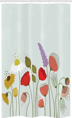 Produktbild von ABAKUHAUS Blume Schmaler Duschvorhang, Daisy und Pfingstrose Muster, Badezimmer Deko Set aus Stoff mit Haken, 120 x 180 cm, Mehrfarbig