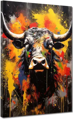 Produktbild von Stier Pop Art abstrakt splatter Leinwandbild Wandbild Kunstdruck XL Wanddeko: 90x120x2cm