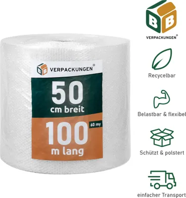 Produktbild von 10 x Luftpolsterfolie (0,5 x 100 m) Knallfolie Noppenfolie Polsterfolie 2-lagig 60 my Umzug BB-Verpackungen