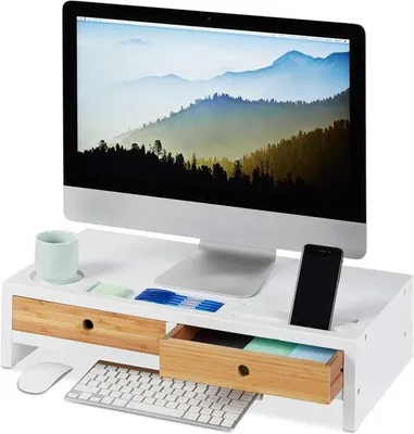 Zdjęcie produktu dla Bambusowy stojak na monitor, biały, 14 x 60 x 30 cm, do laptopów