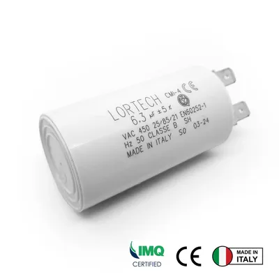 Zdjęcie produktu dla Kondensator 6,3 µF, 450 V, wtykowy, kondensator rozruchowy, kondensator silnikowy, przeznaczony do pomp, kosiarek i innych urządzeń elektrycznych – wyprodukowany we Włoszech