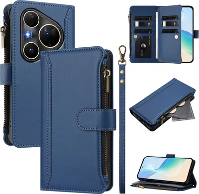 Image de Etui pour Huawei Pura 80 Ultra, zippé, étui portefeuille en cuirPolyuréthaneavec pochettes pour cartes, support et dragonne bleu