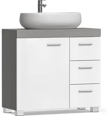 Image de Meuble de salle de bains, meuble bas, 3 tiroirs, 30 x 70 x 64 cm, gris/blanc