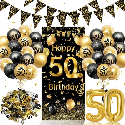 50. Geburtstag Dekoset Schwarz Gold – XXL Banner, Ballon, Girlande