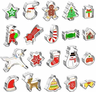 Produktbild von Set mit 20 weihnachtlichen Ausstechformen aus Edelstahl für Plätzchen, Kekse und Kuchendekorationen.