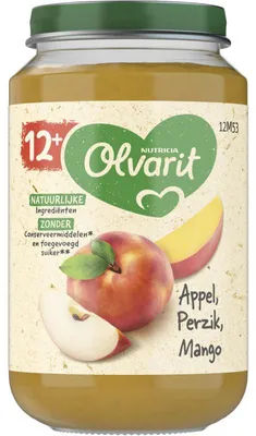 Obrázok produktu pre Olvarit jablková broskyňa mango detská kaša 12 mesiacov+ 200g, bez cukru, bohatá na vitamíny
