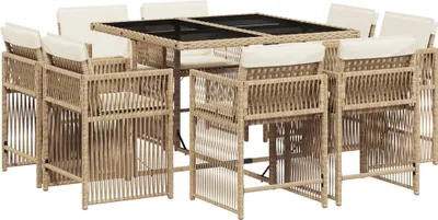 Produktbild von 9-tlg. Garten-Essgruppe mit Kissen Beige Poly Rattan