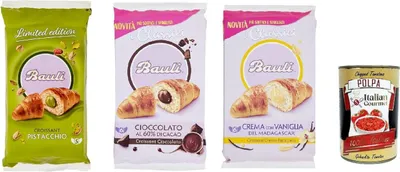 Produktbild von Bauli Croissant Mix Pistazie Schokolade Vanille 1 x 250g + 2 x 300g gefüllte Frühstücks Hörnchen Soft Gebäck Vorratspack für Kaffee & Snack + Italian Gourmet polpa