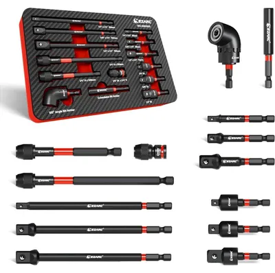 Zdjęcie produktu dla Zestaw adapterów do nasad 14-częściowy, adaptery do wkrętarki udarowej: 1/4", 3/8", 1/2", adapter do wkrętarki kątowej, magnetyczny uchwyt do bitów