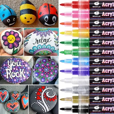 Productafbeelding van WONSAR acrylstiften voor stenen - Acrylmarkers - 12 kleuren fijne punt - Watervaste stiften