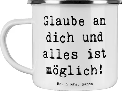 Produktbild von Mr. & Mrs. Panda Emaille Tasse Spruch Vertrauen in eigene Fähigkeiten haben - Weiß - Geschenk, Trost, Fähigkeit, Pott, Vertrauem, Selbstvertrauen, Unterstützung, Teetasse