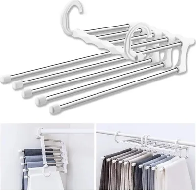 Produktbild von Multifunkčné vešiaky na nohavice Pants Saver, 2 kusy rozšíriteľných vešiakov na nohavice z nehrdzavejúcej ocele, skladacie multifunkčné vešiaky na nohavice, biele