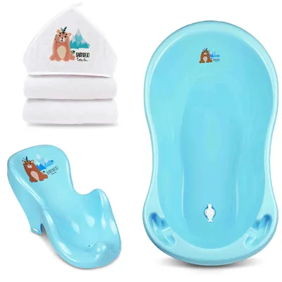 Produktbild von Baby Wanne mit Badesitz und Kapuzenhandtuch . Baby Badewanne mit Abfluss und ergonomischen Sitz. Handtuch 80x80cm