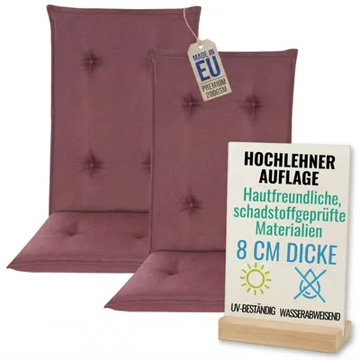 Produktbild von Pillows24 - 2x Hochlehner Auflagen 120x50x8 cm | Gesteppte Wetterfeste Gartenstuhlauflagen | Sitzkissen für  Gartenmöbel |   EU | Pflaume