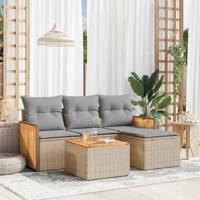 Produktbild von Design 5-tlg. Garten-Sofagarnitur mit Kissen Beige Poly Rattan, Gartenmöbel-Sets 2024 Neu