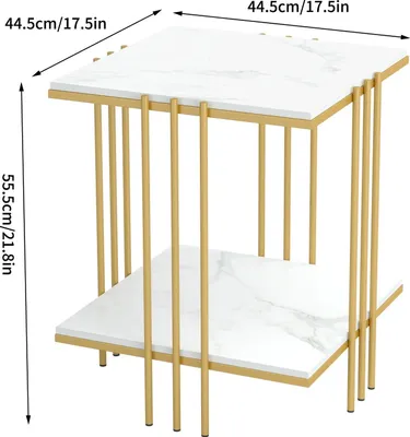 Produktbild von Moderner Beistelltisch - Quadratischer Couchtisch - 2 Ebenen mit Ablage - Sinterstein Tischplatte - Metallgestell aus Eisen - Gold mit weißer Platte