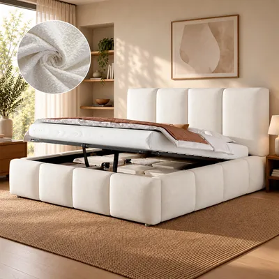 Obrázek produktu pro Postel s čalouněnou konstrukcí, rozměry 180 × 200 cm, s hydraulickým úložným prostorem, rošt a čalouněná opěrka hlavy, potah z materiálu bouclé, nosnost až 220 kg, barva bílá