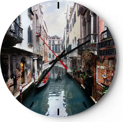 Produktbild von Wanduhr - Rund - Glasuhr - Boot Brücke Tourismus Venedig - 40x40cm - Schleichendes Uhrwerk - Lautlos - zum Aufhängen bereit - Dekoration Modern - Wanddekoration aus Glas - C3AR40x40-2157