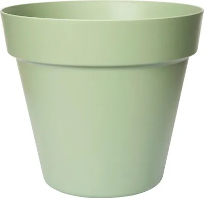 A light green plastic plant pot is shown against a white background.